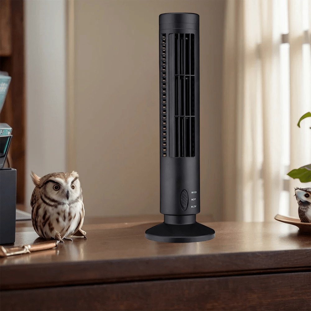 Bladeless cooling fan with LED tower design, featuring a portable 2-speed setting, ideal for desktop use and enhancing airflow without blades. 0